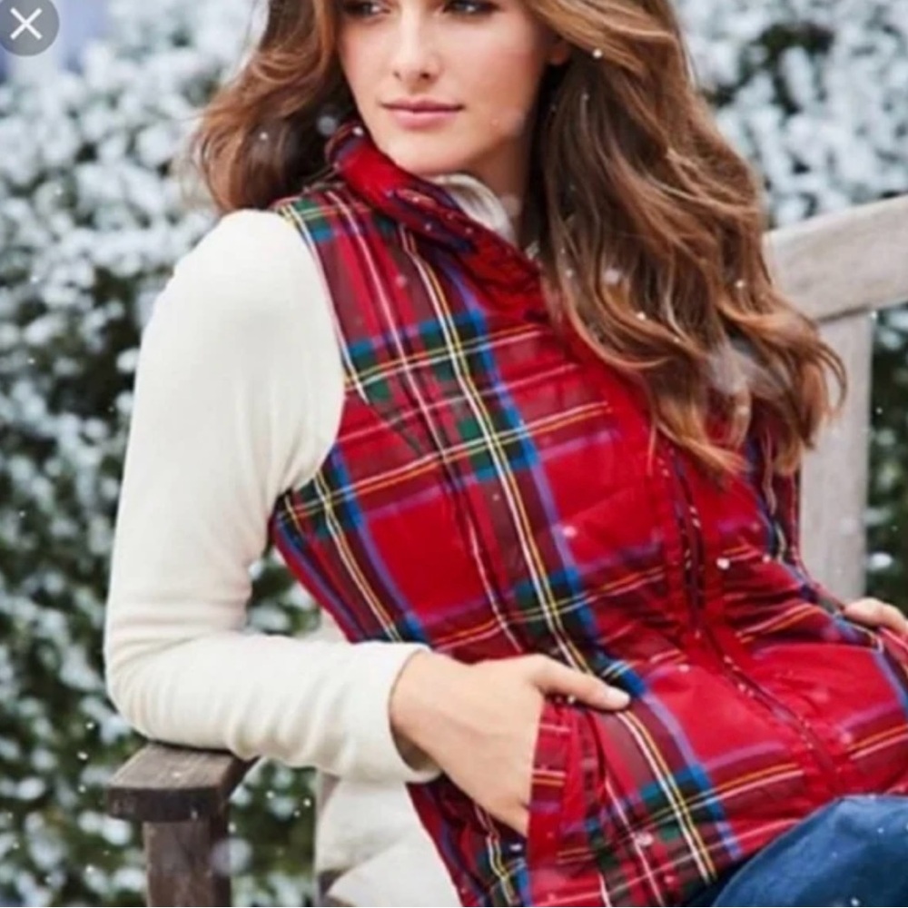 Lands' End Red Plaid Puffer Vest